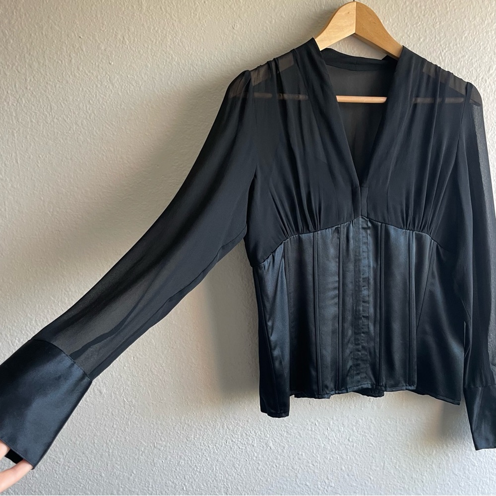 Y2K INC International Concepts Black Silk V-Neck Sheer Corset Blouse